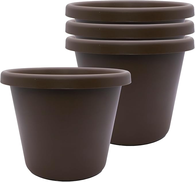 The HC Companies Classic Round Plastic Plant Pot w/Rolled Rim - Lightweight & UV Resistant Flower Pot for Herbs & More - Outdoor & Indoor Plant Pots w/Drainage (8.5 inch Chocolate, Pack of 4)