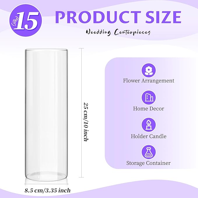 15 Pack Glass Cylinder Vases 10 Inch Tall Clear Flower Vase Bulk Glass Vases Hurricane Floating Candle Holder for Table Centerpiece Party Wedding Home Decor