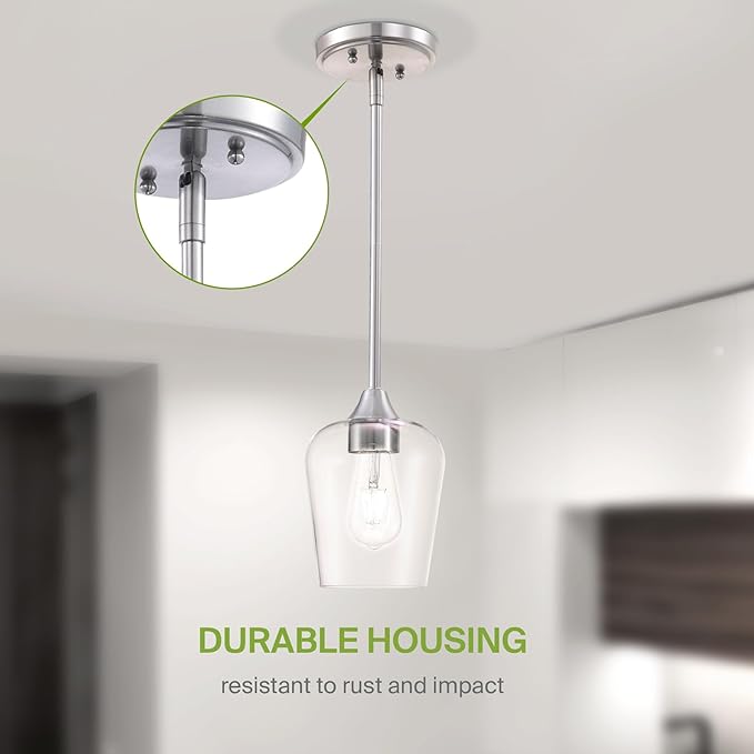 ASD Single Mini-Pendant Ceiling Light Fixture | 60W E26 Socket 120V | Dimmable, LED/CFL/Incandescent Bulbs Compatible, ETL Listed | Hanging Kitchen Island Lighting, Clear Drop Lamp | Nickel