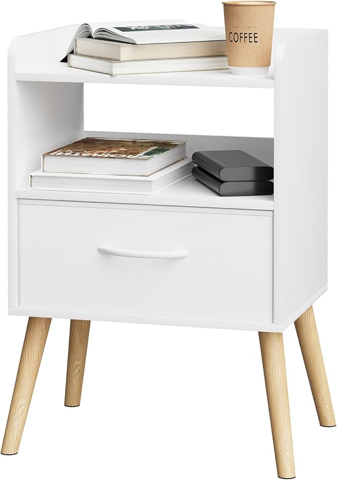 Narrow Nightstand with Open Shelf,Small Night Stand Bedroom Bedside Tables with Fabric Drawer Storage,Side Table End Table with Solid Wood Feet,Mid Century Night Stands for Home Sofa Couch(White)