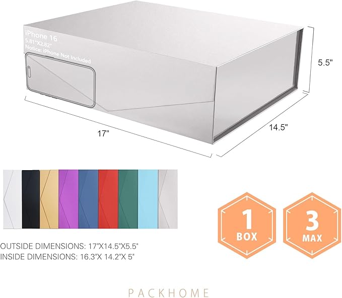 PACKHOME 17x14.5x5.5 Inches, 3 Extra Large Gift Boxes with Lids, Magnetic Closure Boxes for Clothes and Large Gifts (Glossy Silver with Grass Texture)