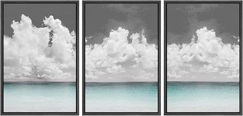 SIGNWIN 3 Piece Framed Canvas Wall Art Clouds Above The Blue Ocean Nature Wilderness Illustrations Abstract Traditional Relax/Calm Home Artwork Decoration for Living Room,Bedroom - 16"x24"x3 Black