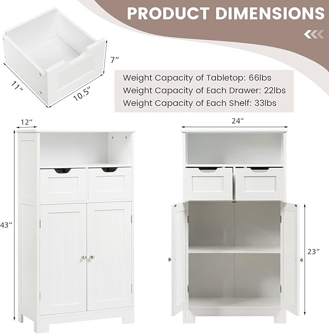 COSTWAY Bathroom Storage Cabinet, Freestanding Storage Organizer with 2 Drawers & Adjustable Shelf, Wooden Floor Cabinet for Living Room, Bedroom, Kitchen, Entryway (White)