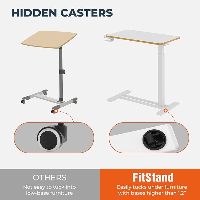 Medical Overbed Adjustable Bedside Table with Hidden Casters, Pneumatic Mobile Rolling Laptop Standing Desk with Tray for Home and Hospital Use, White