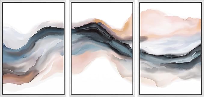 SIGNWIN Framed Canvas Print Wall Art Set Pastel Watercolor Blue Brown Ink Wave Smoke Landscape Abstract Shapes Illustrations Modern Art Decorative for Living Room, Bedroom, Office - 24"x36"x3 White