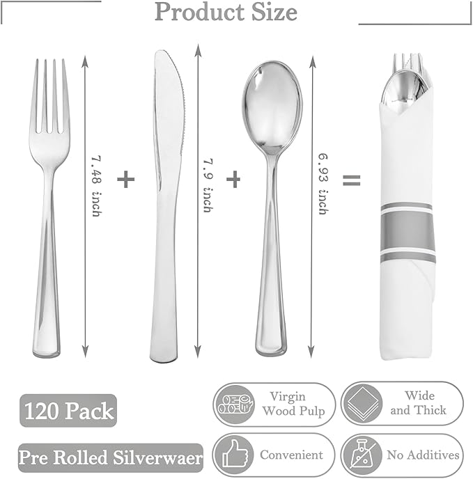 Supernal Pre Rolled Silver Plastic Silverware Set of 30 Wrapped Cutlery,Pre Rolled Napkins with Plastic Silverware Heavy Duty, Silver Disposable Forks and Spoons