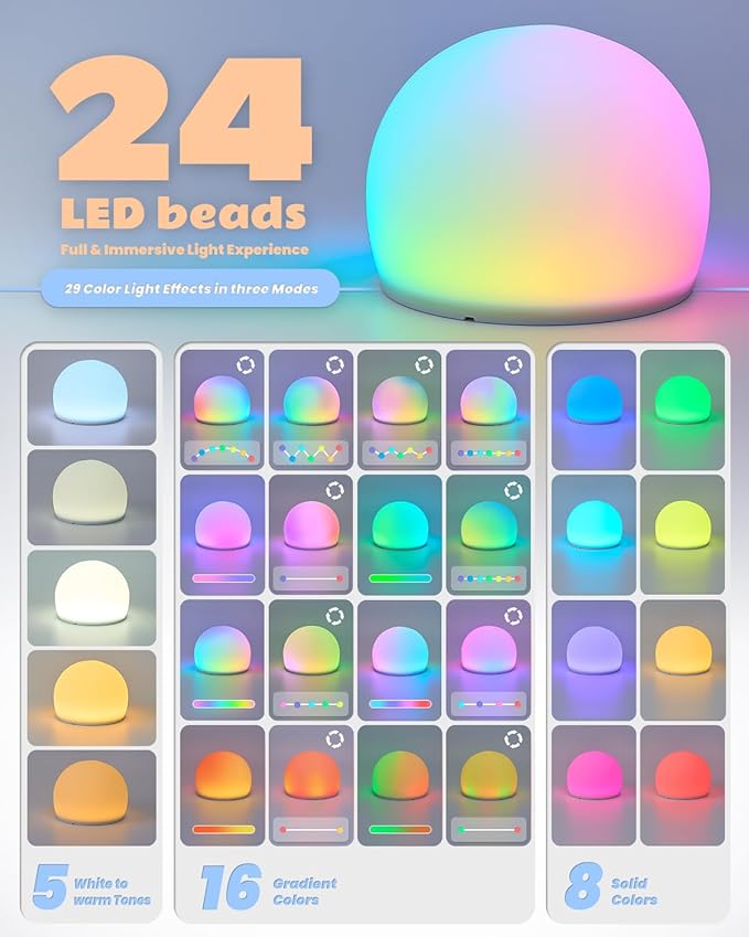 Night Light for Kids, Soft Egg Light with 13 Colors Changing Mode, Ball Mood Lighting for Bedroom, Auto-dim in 30 Minutes, Adjustable Brightness Globe Lamp Ambient Lighting