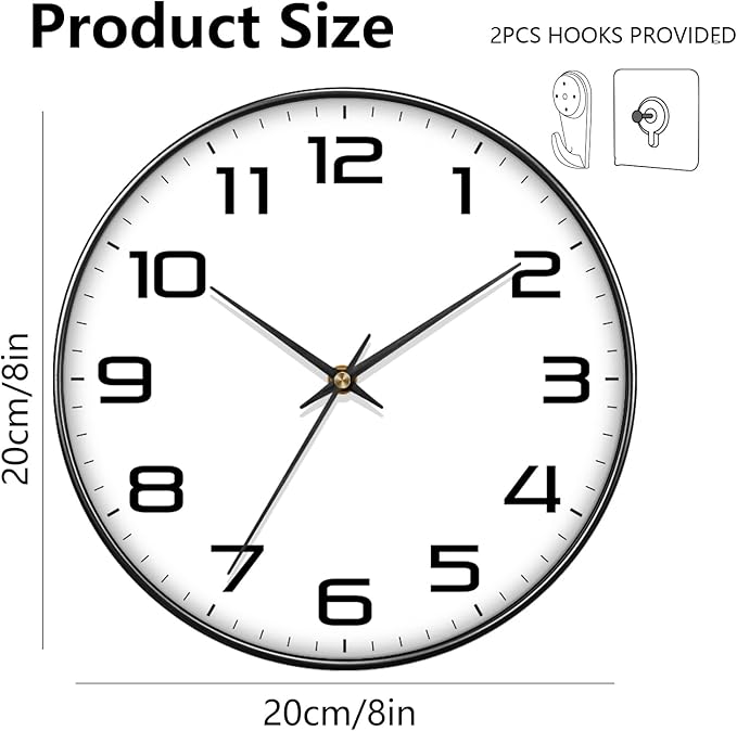 8 Inch Modern Wall Clocks Battery Operated - Silent Non Ticking Quartz Analog Clock with Large Numbers, Easy to Read Digital Wall Clock for Bedroom, Living Room, Kitchen, Office, Gym, Black