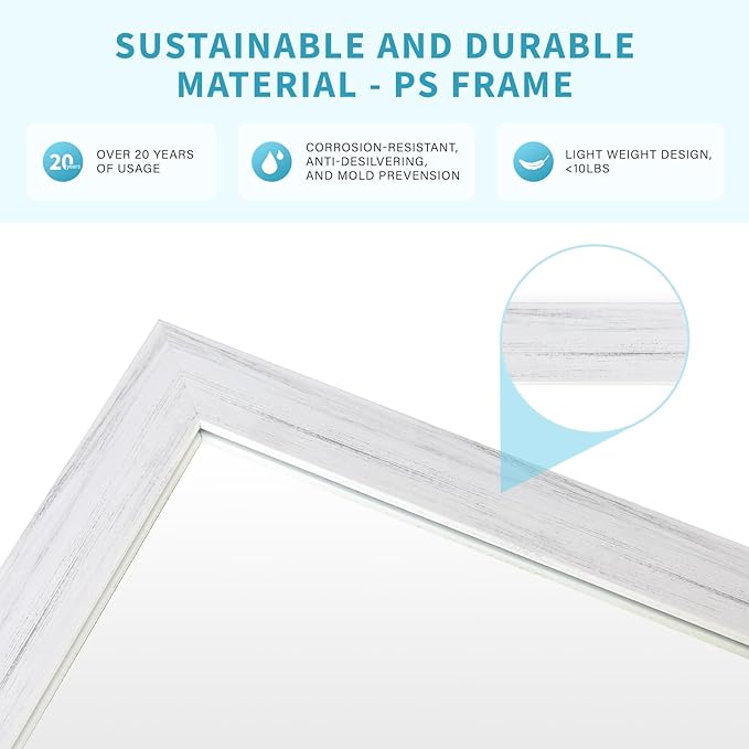 White Wood Effect Framed Wall Mirror, 20x30 Rectangle Mirror, 1/8" Anti-desilvering Tempered Glass, Sustainable& Sturdy Frame, Anti-Rust, HD Reflection &3min Fast Setup for Bathroom Living Room