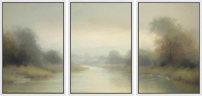 SIGNWIN Framed Wall Art Print Set Misty River Landscape Soft Neutral Nature Scene Photography Modern Art Closeup Relax/Calm Dark for Living Room, Bedroom, Office - 24"x36"x3 White