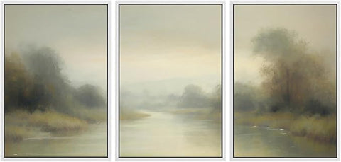 SIGNWIN Framed Wall Art Print Set Misty River Landscape Soft Neutral Nature Scene Photography Modern Art Closeup Relax/Calm Dark for Living Room, Bedroom, Office - 24"x36"x3 White