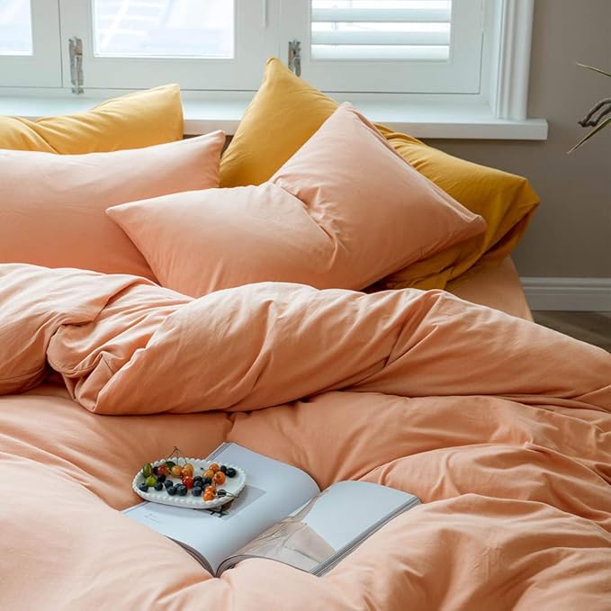 VM VOUGEMARKET Orange Duvet Cover Queen,Girls Salmon Peach Pink Duvet Cover Sets-Jersey Knit Cotton Modern Luxury Bedding Set-Queen 90x90 inch,Adult