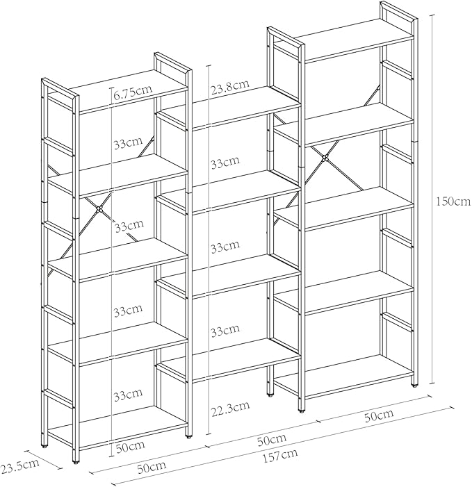 Panana Triple 4/5/6 Tier Bookshelf, Industrial Bookcase with 11/14/17 Open Display Shelves Wide Book Shelf Book Case with Metal Frame for Living Room Home Office (Brown, 5 Tier)