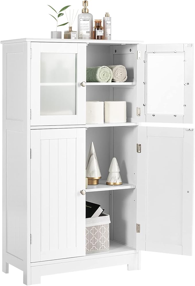 GOFLAME Bathroom Storage Cabinet, Freestanding Storage Cabinet with 4 Doors, Wooden Kitchen Cupboard with Adjustable Shelf, Buffet Sideboard, Multipurpose Home Organizer for Bathroom, Kitchen, White