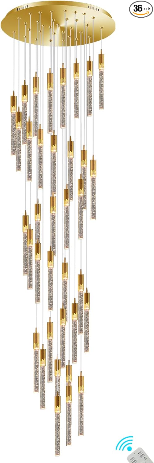 Flashing God 12.5feet Long Staircase Chandelier Gold Bubble Crystal Bolumn Chandeliers Large Foyer Entrance Chandeliers for High Ceiling Big Crystal Chandelier LED Dimmable 2700K-6000K