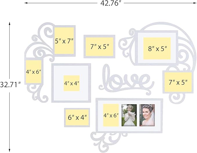 J.M.Deco Vintage Picture Frames 7 Pack in Love Shape Heart Photo College Frames, Family Lovere Valentine Picture Frames 4''x4'' / 4''x6''/ 5''x7''/ 5''x8'' Photo Frames Set | White