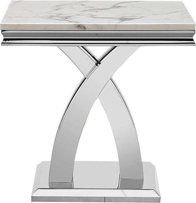 Modern Marble End Table, White and Silver Side Table with X Stainless Steel Base, Luxury Faux Marble Top Accent Bed Side Table Sofa Table for Living Room, Bedroom