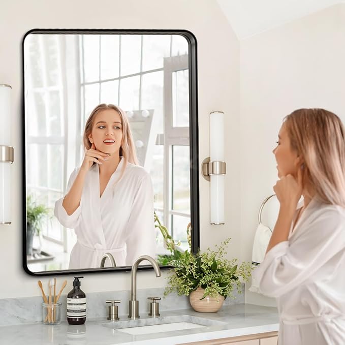 Black 30x36 Inch Metal Framed Mirror for Wall, Large Rounded Rectangle Mirror, Anti-Rust, Tempered Glass, Hangs Horizontally or Vertically