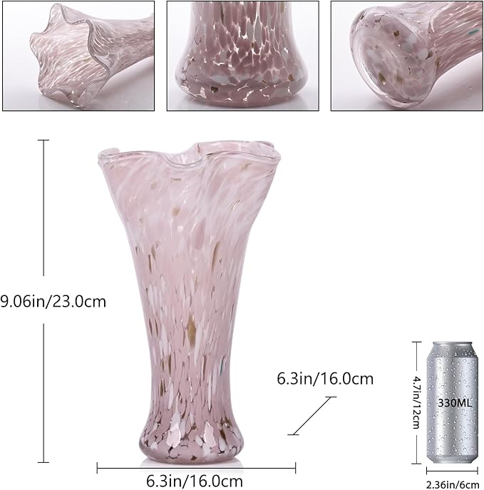 9.0" H Pink Glass Vases for Flowers, Unique Hand Blown Glass Vase Pink Home Decor, Wide Mouth Colorful Flower Vase Centerpieces, for Living Room Table Bookshelf, Bathroom Office Shelf Decorative