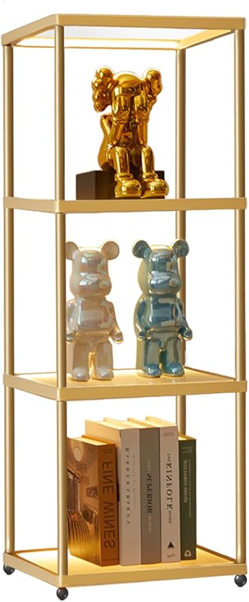MANBUR Display Shelf with Dimmable LED Floor Lamp, Display Cabinet with Glass Bookcase, Home Decor, Bedroom Decor, Bookshelf with Light, Open Book Shelf with 4-Tier Shelf for Living Room Decor Gold