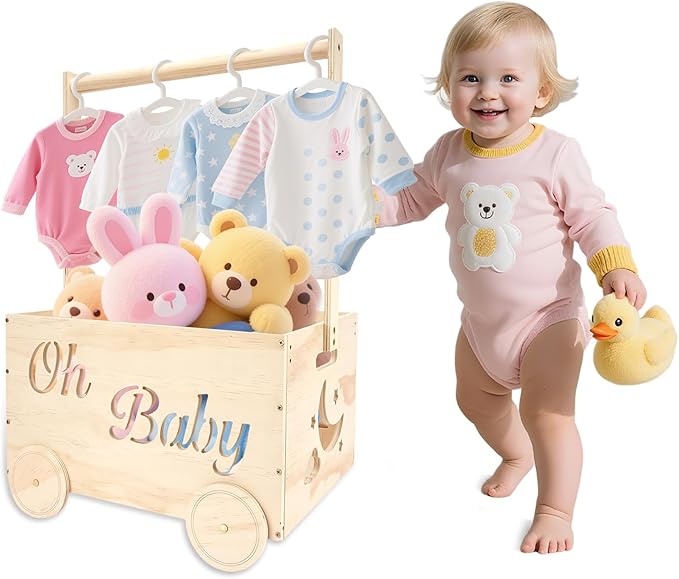 Wooden Baby Shower Crate Closet, Baby Shower Gifts Basket for Newborn Boys Girls, Personalized Babyshower Crate Box with Handle & Wheels, Pregnancy Gifts for New Mom Parents