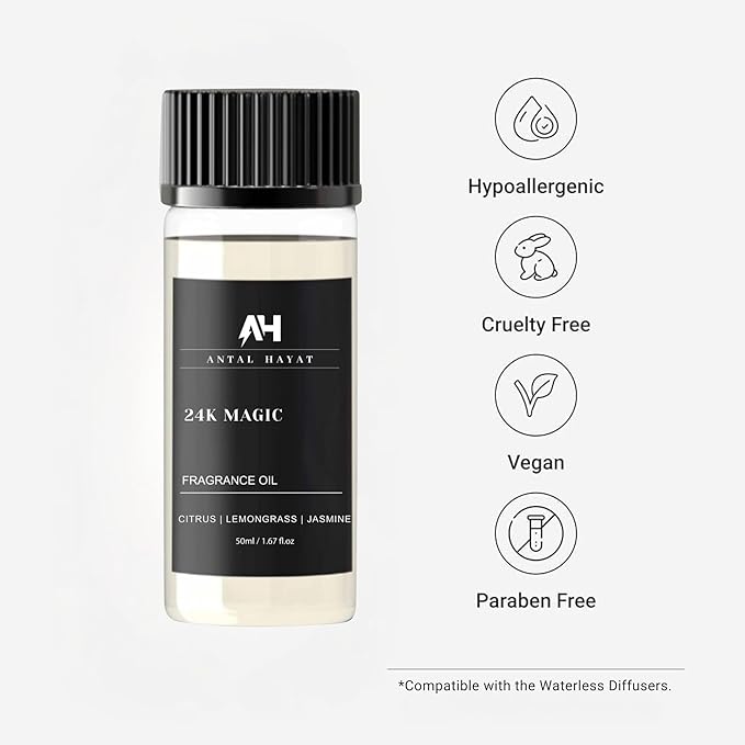 24K Magic Diffuser Oil 50ml – Hotel Inspired Aromatherapy Scent – Citrus, Lemongrass, Jasmine – Home Luxury Fragrance Oil by Antal Hayat – Essential Oil Blend for Diffusers