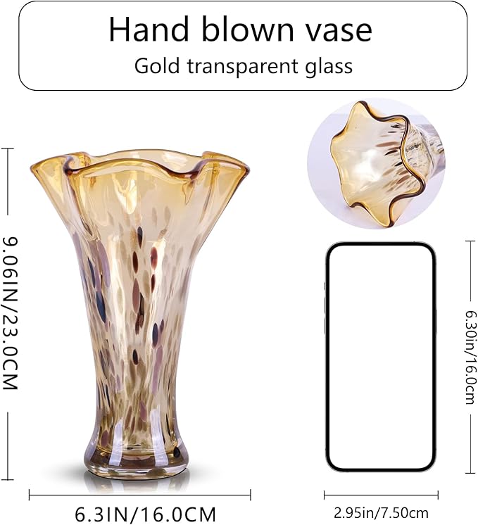 9.0"H Amber Glass Vases for Flowers, Unique Hand Blown Glass Vase Amber Gold Home Decor, Wide Mouth Colorful Flower Vase Centerpieces, For Living Room Table Bookshelf, Bathroom Office Shelf Decorative