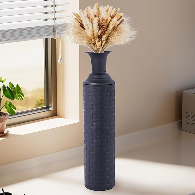 Tall Floor Vase Set of 3 Large Black Vase Tall Vases for Floor Vases Home Decor Large for Pampas Grass, Metal Material, Handcrafted Rattan Pattern, Matte Black
