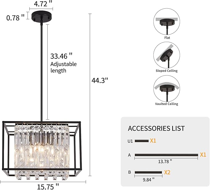 Modern 4-Light Dining Room Chandelier,Farmhouse Black Metal Chandelier,Crystal Square Industrial Pendant Light Fixture for Kitchen Island Living Room Foyer Hallway Entryway 15.75"