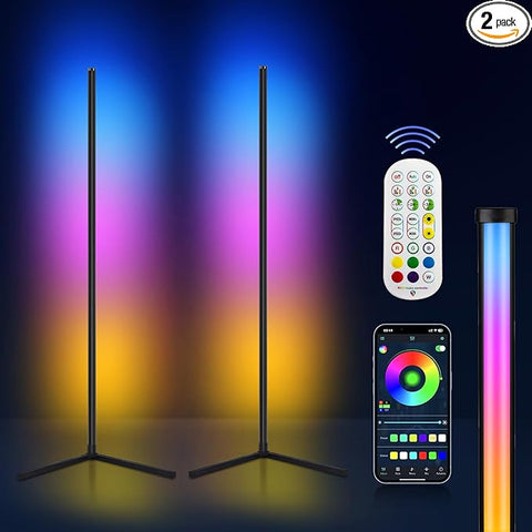 2PCS RGB Floor Lamp, Corner Floor Lamp RGB Color Changing Corner Lamp LED Modern Floor Lights with Bluetooth APP and Remote Control Music Sync, 65" RGB Mood Lighting 24H Timing 398+ DIY Modes