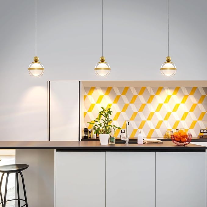 Gold Pendant Lights Kitchen Island Modern LED Ceiling Hanging Pendant Lights Acrylic Globe Pendant Light Fixtures for Dining Room Bedroom Living Room 1-Light