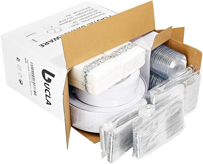 bUCLA 350PCS Silver Plastic Dinnerware Set for 50 Guests - Silver Plates Disposable Include 50 Dinner & 50 Dessert Plates,50 Forks,50 Knives,50 Spoons,50 Cups,50 Napkins for Party