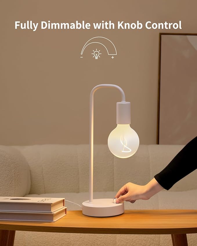 ONEWISH Industrial Small Table Lamp for Bedroom, Fully Dimmable Modern Beside Lamps with 2700K Warm Light Bulb for Kids Reading, White Nightstand Lamps for Living Room, Dorm,Home Office