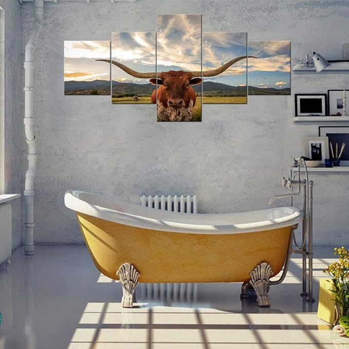 Modern Longhorn Wall Decor Artwork Longhorn Steer in Rural Utah Picture Prints on Canvas Wall Art Modern Animal Giclee Artwork Stretched and Framed Ready to Hang for Home Decor - 50''W x 24''H