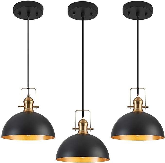 12 Inch Pendant Lights for Kitchen Island Matte Blacks Farmhouse Pendant Light fixtures Adjustable Height Dome Hanging Light for Dinning Room Bedroom Hallway,3 Packs