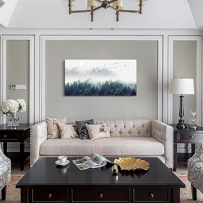 Canvas Wall Art for Living Room - Misty Forests of Evergreen Coniferous Trees in an Ethereal Landscape - Modern Home Decor The bedroom wall art Stretched and Framed Ready to Hang 24" x 48" wall decor
