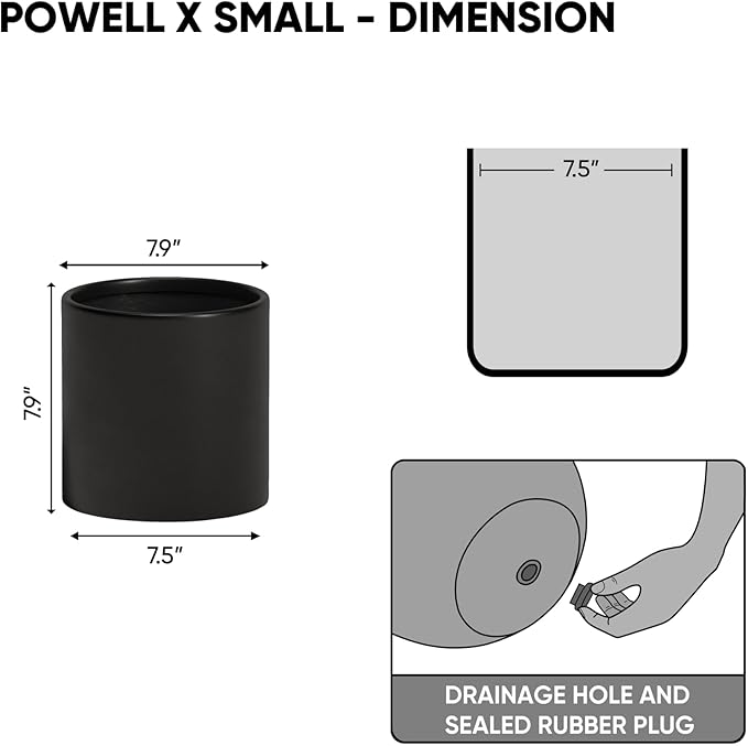 DTY Signature Mount Powell Fiberstone Planter - 8 Inch Extra Small Black Cylindrical Mid-Century Modern Home Decor Indoor & Outdoor Plant Pot - Durable Planters for Indoor Plants, Outdoor Spaces