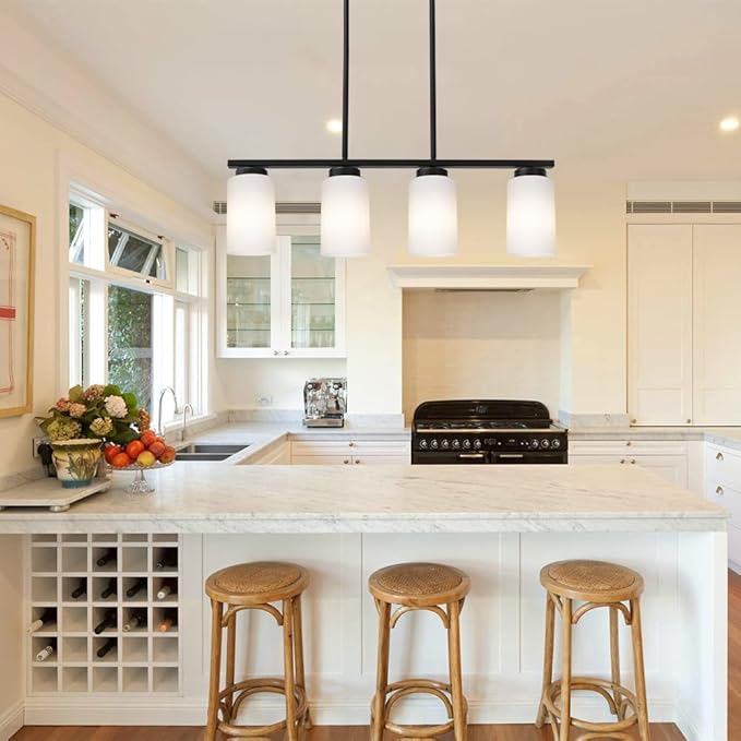 Farmhouse Dining Room Pendant Light Fixtures in Black Finish, 4-Lights Island Lighting with Opal White Glass Shades for Kitchen