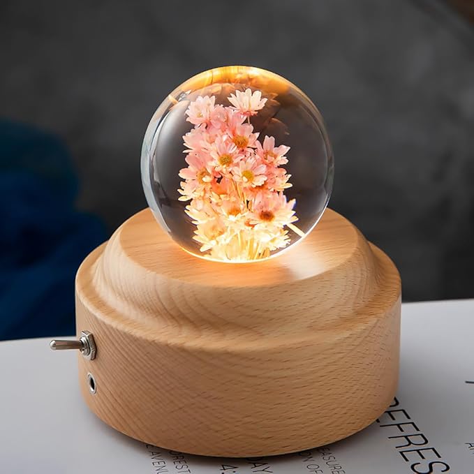 1 Pieces Wooden Red Daisy Wind-Up Music Box with night light You are my sunshine song Mechanism Elegant Romantic Musical Gift for Birthday Anniversary Valentine's Day Women, Girls, Wife, Girlfriend