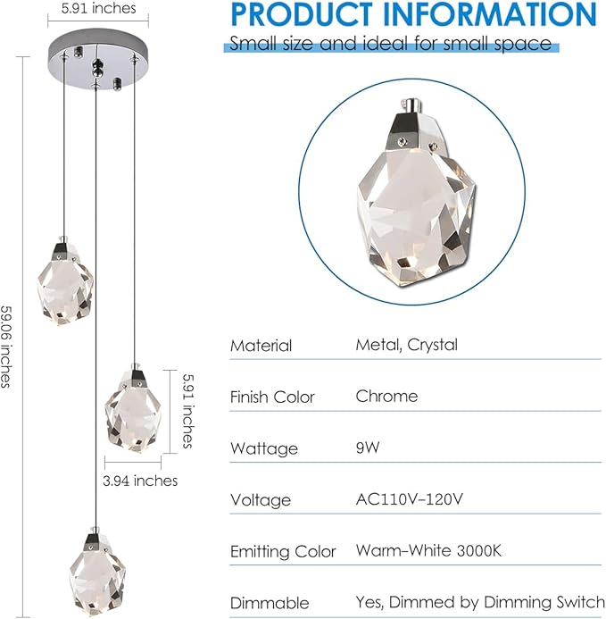 3 Lights Pendant Light Fixture, Cluster Crystal Pendant Lighting Chrome, Modern Dimmable Triple Pendant Chandelier for Kitchen Island, Dining Room