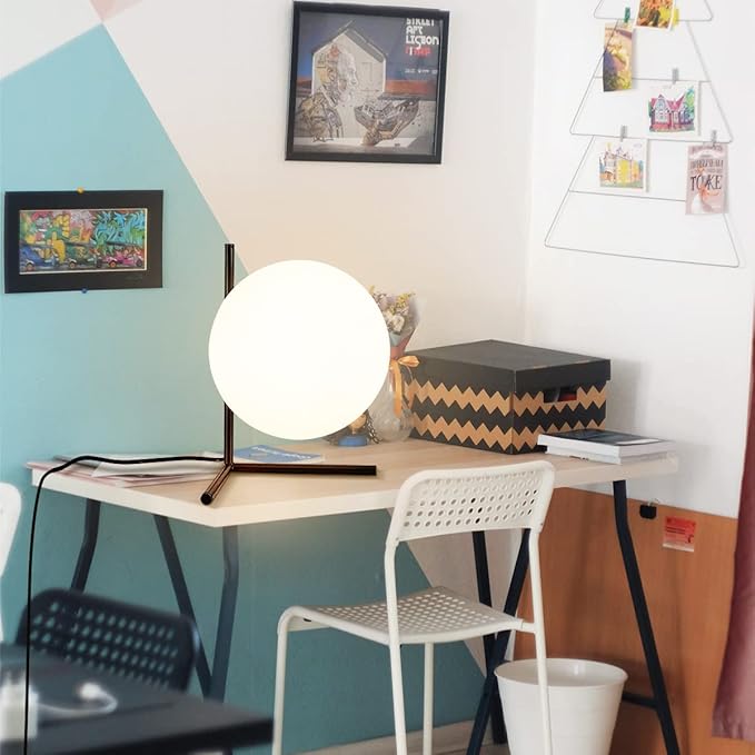 BOKT Modern Mid Century Matte Black Globe Table Lamp Post Modern Mini White Glass Desk Lamp Industrial Farmhouse Nightstand Bedside Lamp Lighting Fixture