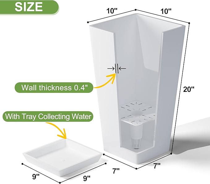 Elevens Set of 2 Tall Outdoor Planters 20 Inch, Large Planters for Indoor Outdoor Plants, Tapered Square Flower Pots with Tray for Patio, White