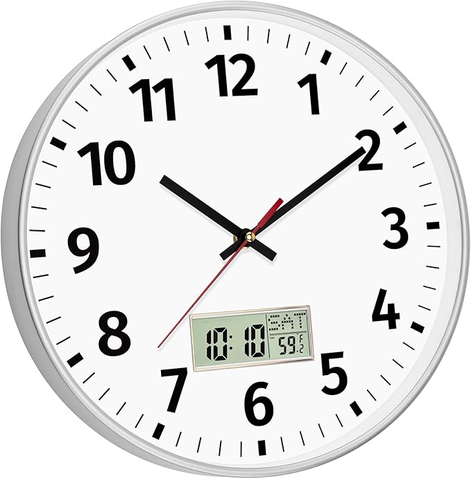 Foxtop Digital Wall Clock with Time, Day of Week and Temperature, Silent Non-Ticking Battery Operated Round Digital and Analog Wall Clock for Classroom Office Bedroom Home School (12 Inch, Silver)