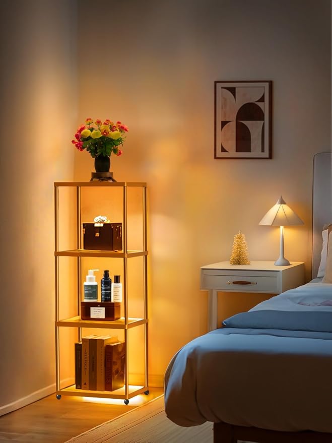 MANBUR Display Shelf with Dimmable LED Floor Lamp, Display Cabinet with Glass Bookcase, Home Decor, Bedroom Decor, Bookshelf with Light, Open Book Shelf with 4-Tier Shelf for Living Room Decor Gold