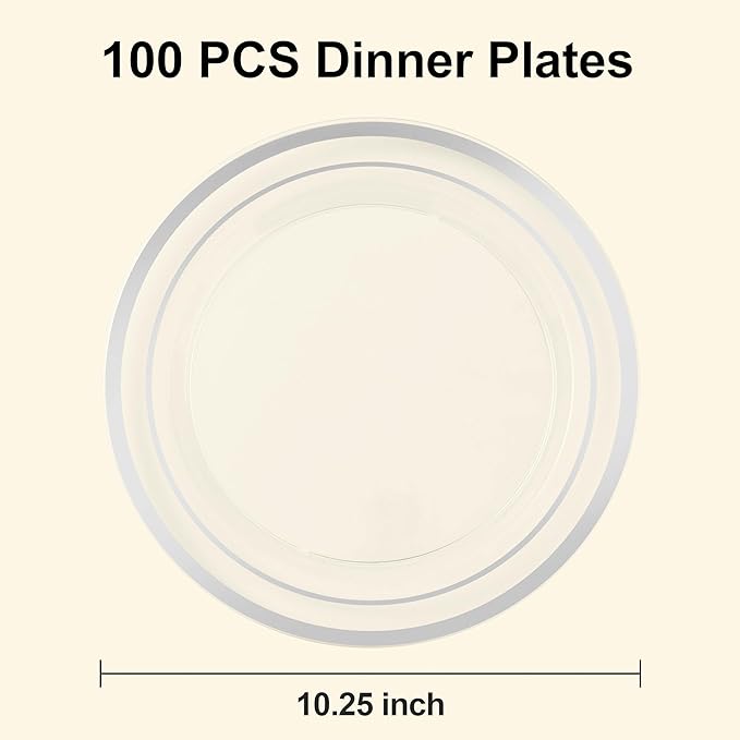 100PCS Clear Plastic Plates for Party, 10.25 Inch Heavy Duty Dinner Plates with Silver Rim, Disposable Plates for Wedding and Birthday