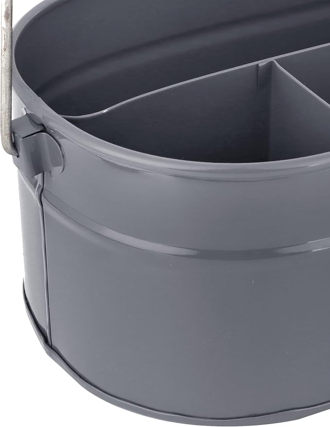 Alpha Living Home Silverware Caddy with Handle, Mulip-pose Organizer for Kitchen, Farmhouse Caddy Organizer - 4-Compartment Iron & Wood Handle Cutlery Holder, Office & Bathroom Storage, Grey