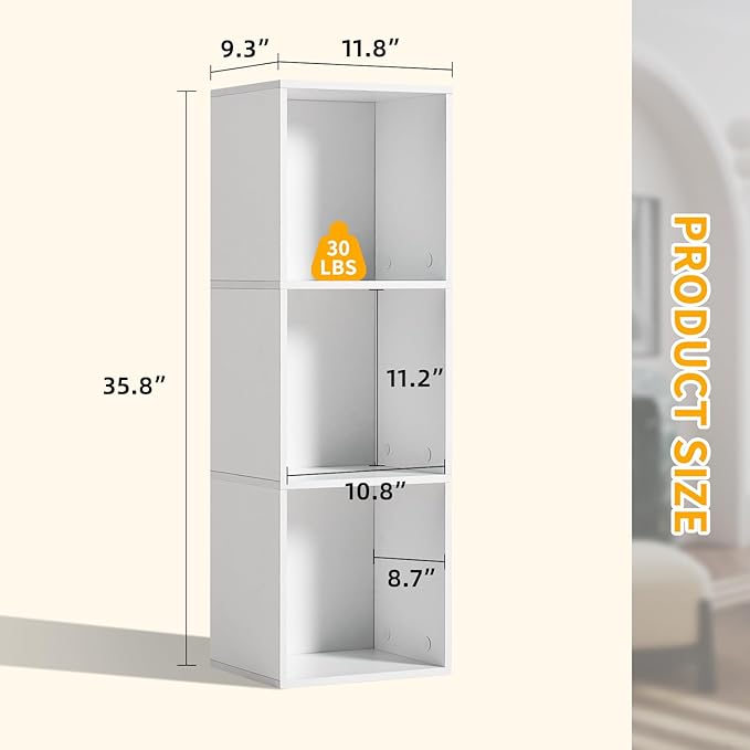 Narrow Bookshelf, 35.8" H Floor Standing Bookcase, Open Bookshelves Storage Organizer Display Shelves, Modern Corner Bookshelf Storage Cabinet for Living Room, White