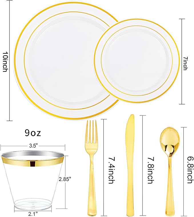 bUCLA 300PCS Gold Disposable Dinnerware Set - White and Gold Plastic Plates 50 Guests - Include 50 Dinner Plates,50 Dessert Plates,50 Knives,50 Forks,50 Spoons,50 Cups for Party, Fall & Thanksgiving
