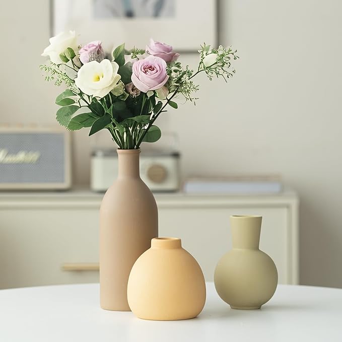 Modern Ceramic Vase Set of 3, Decorative Flower Vases for Home, Multicolor Pottery Vases for Living Room, Kitchen, Bedroom, Shelf, Rustic Farmhouse (Light Green Mix)