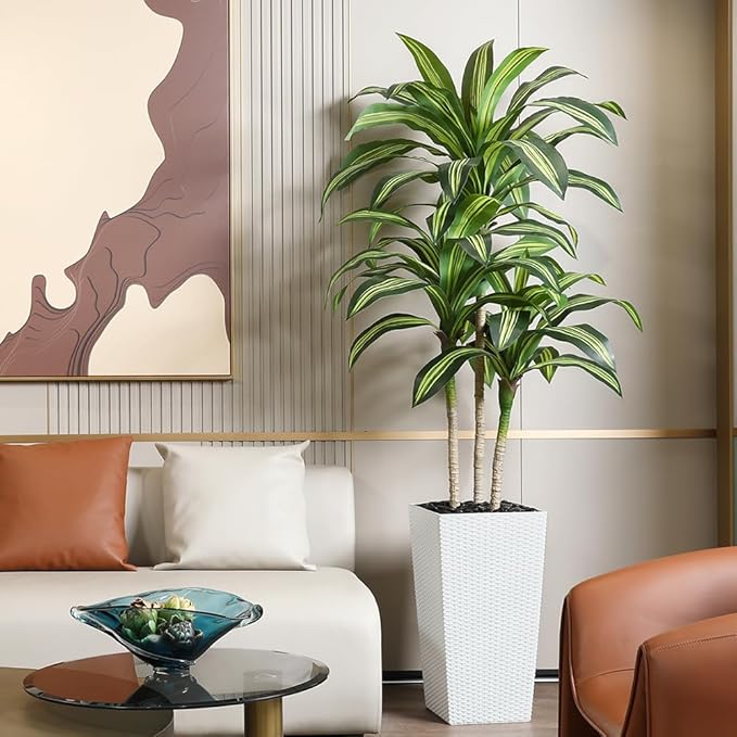 Artificial Dracaena Tree, 6FT UV Resistant Fake Plants with White Taper Planter, Lifelike Tall Artificial Floor Plants for Indoor & Outdoor, Faux Tree for Home Courtyard Decor